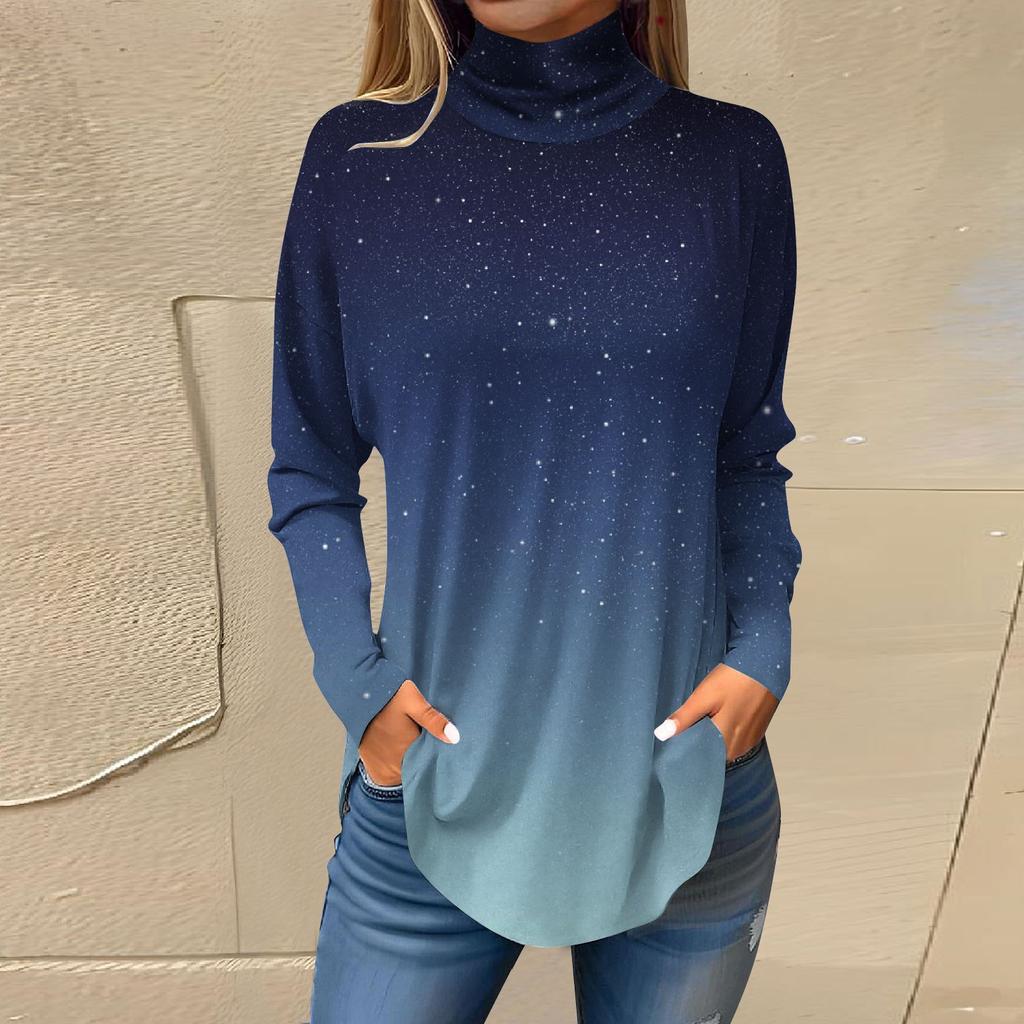 Футболки для женщин, осенние повседневные рубашки с длинными рукавами, толстовка с винтажным принтом, топ с высоким воротом, пуловер