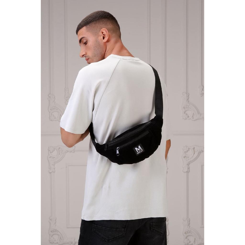 Черная замшевая сумка через плечо унисекс с 3 отделениями на талии и плече