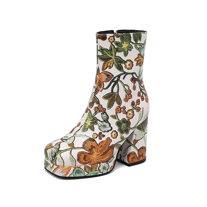 Q/женские короткие ботинки на высоком каблуке, модная водонепроницаемая платформа с принтом, короткие ботинки большого размера на толстом каблуке