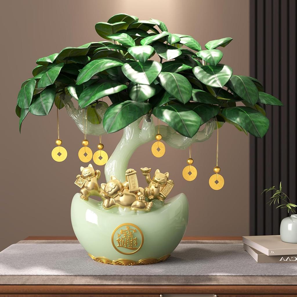 13.8" Chinese Money Tree with Synthetic Jade Base, Artificial Tree Feng Shui Wealth Decor with Golden Fortune Cat, Yuanbao Flower Pot & Coin Pendant