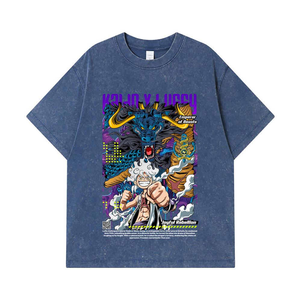 Стиранные футболки 275 г/м² 100% Хлопок One Piece V35 Принт Luffy Kaido Унисекс Тяжелая Хлопковая Футболка