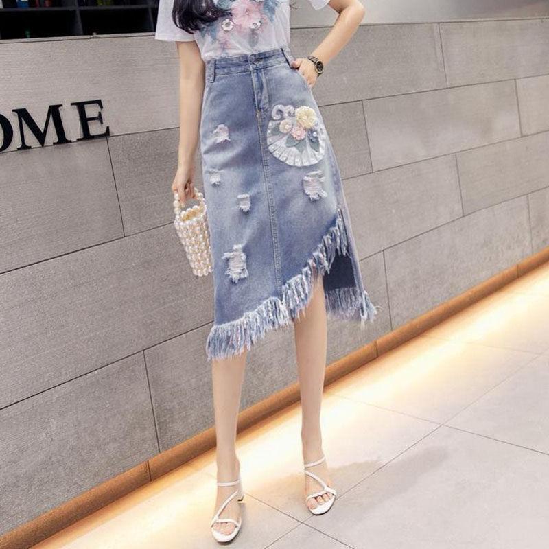 3D Floral Embroidered Denim Skirt with Tassel and Irregular Hem for Women