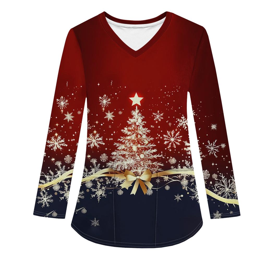 Женская модная рабочая одежда с V-образным вырезом, длинным рукавом и карманом, рождественский принт, футболка, топ
