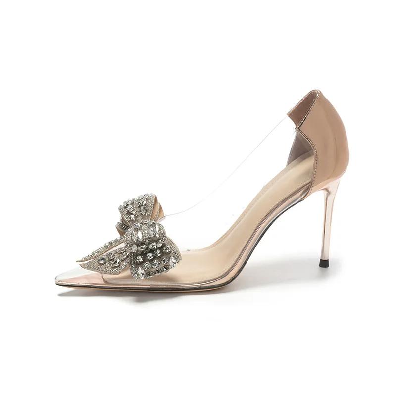 2024 Сексуальные прозрачные туфли-лодочки со стразами и заостренным носком, туфли-лодочки с бантом-бабочкой, свадебные туфли на высоком каблуке, весна-лето