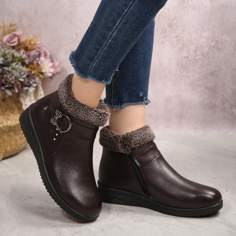 Fashion Casual Side Zip Pu Ankle Boots Women 2025 Winter Warm Short Plush Non Slip Mom's Shoes Vintage Soft Faux Fur Wedge Heel Booties