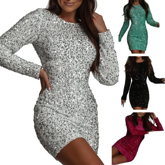Женское платье с блестящими пайетками, облегающее платье-футляр с длинными рукавами и круглым вырезом, облегающее однотонное платье длиной выше колена, для выпускного вечера, клуба