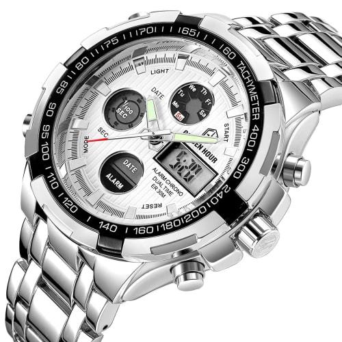 GOLDEN HOUR Роскошные мужские аналогово-цифровые часы из нержавеющей стали, для активного отдыха, водонепроницаемые, большие, тяжелые, серебристо-белые, цифровые, кварцевый механизм.