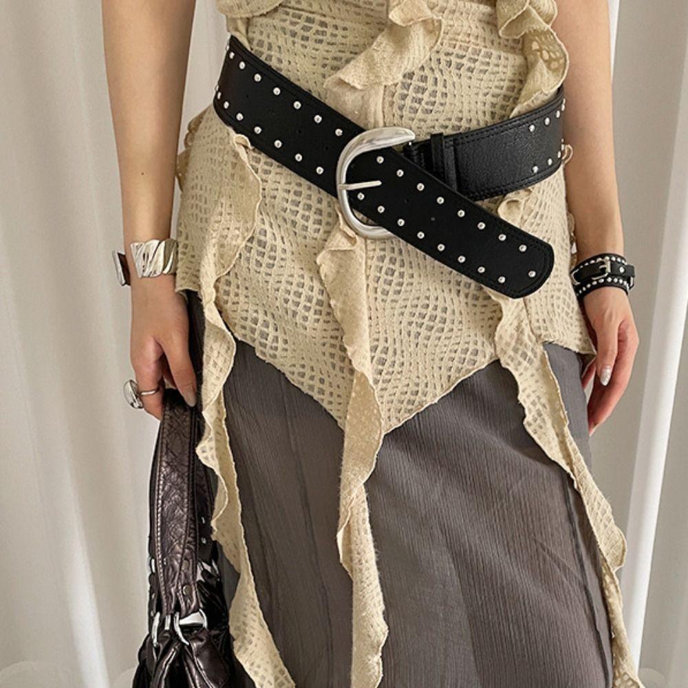 Y2k Women Rivet Belt Vintage Punk Style Belt Fashion Wide Leather Waistband  Pants Accessories