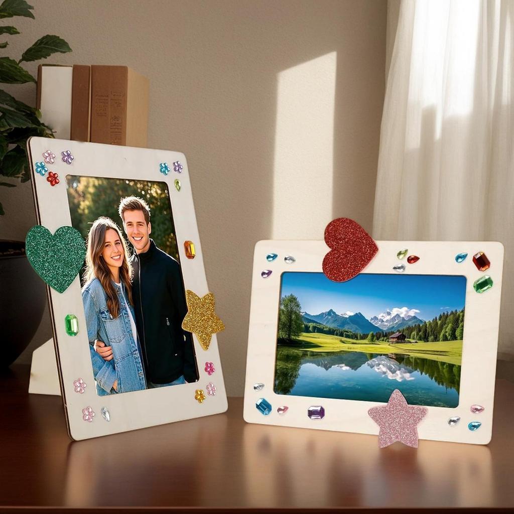 8pcs/set Wooden Picture Frame Set Unfinished DIY Photo Frame with Stickers Painting Tools Color Rhinestone Stickers for Kid