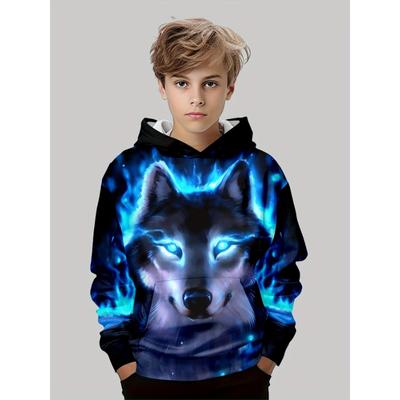 Толстовка с длинным рукавом для мальчиков с принтом Blue Flame Wolf 3D, оставайтесь стильными и уютными - Идеальная весна