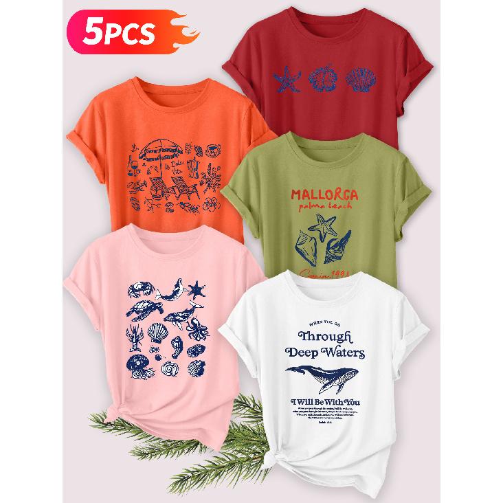 Пятиpiece set Элегантная рубашка с коротким рукавом для женщин Серия для пляжного отдыха с принтом женская рубашка с коротким рукавом с круглым вырезом, подходящая для весны и
