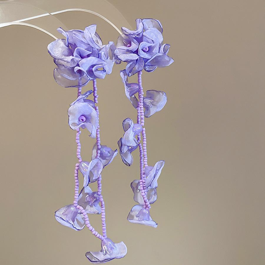 Серьги с кисточками в виде цветов из шифона "Серебряная игла", Милый стиль Мори, Дофаминовый тренд, Универсальные женские серьги