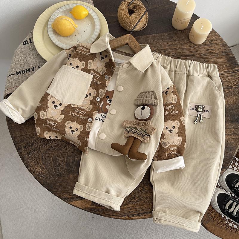 Little Bear Three-Piece Set: Jacket, Casual Pants, Trendy Boy's Fashion.