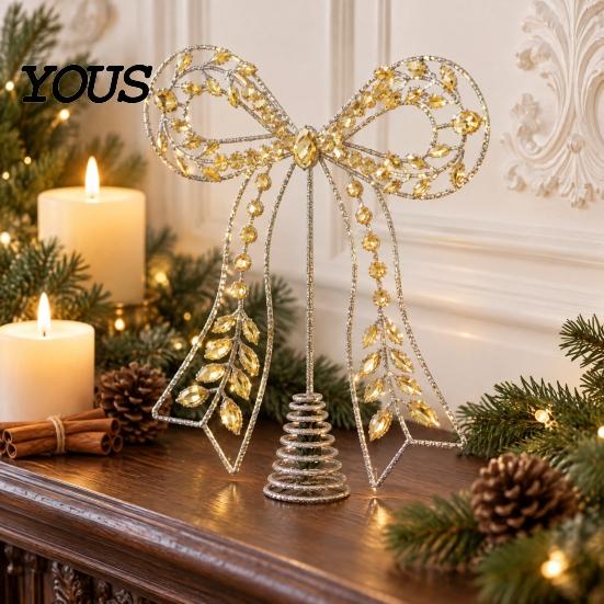Modern Gold Christmas Ornament Iron Bow Tree Topper, Rhinestone Hollow-Cut Metal Topper with Spiral Base, Elegant Holiday Decoration Reusable