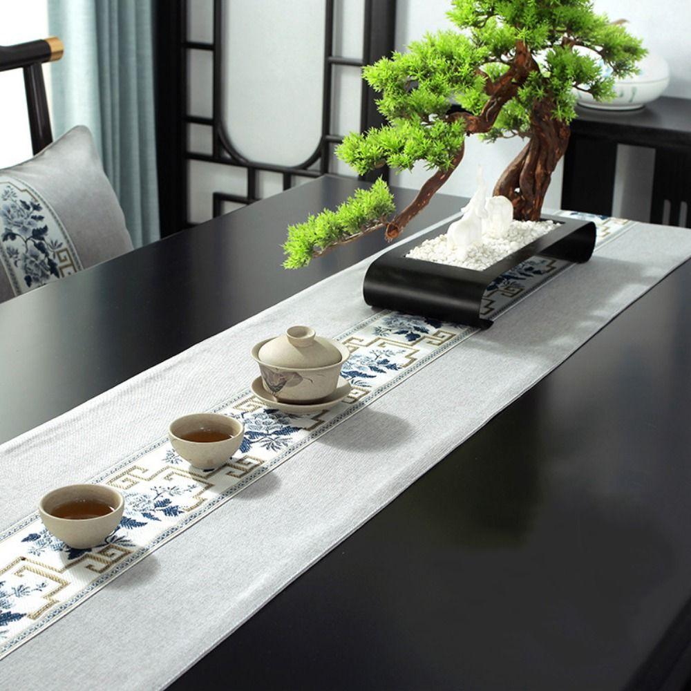 Chinese Style Floral Table Runner Washable Tea Table Cloth Embroidery Bed Flag Hotel Decoration