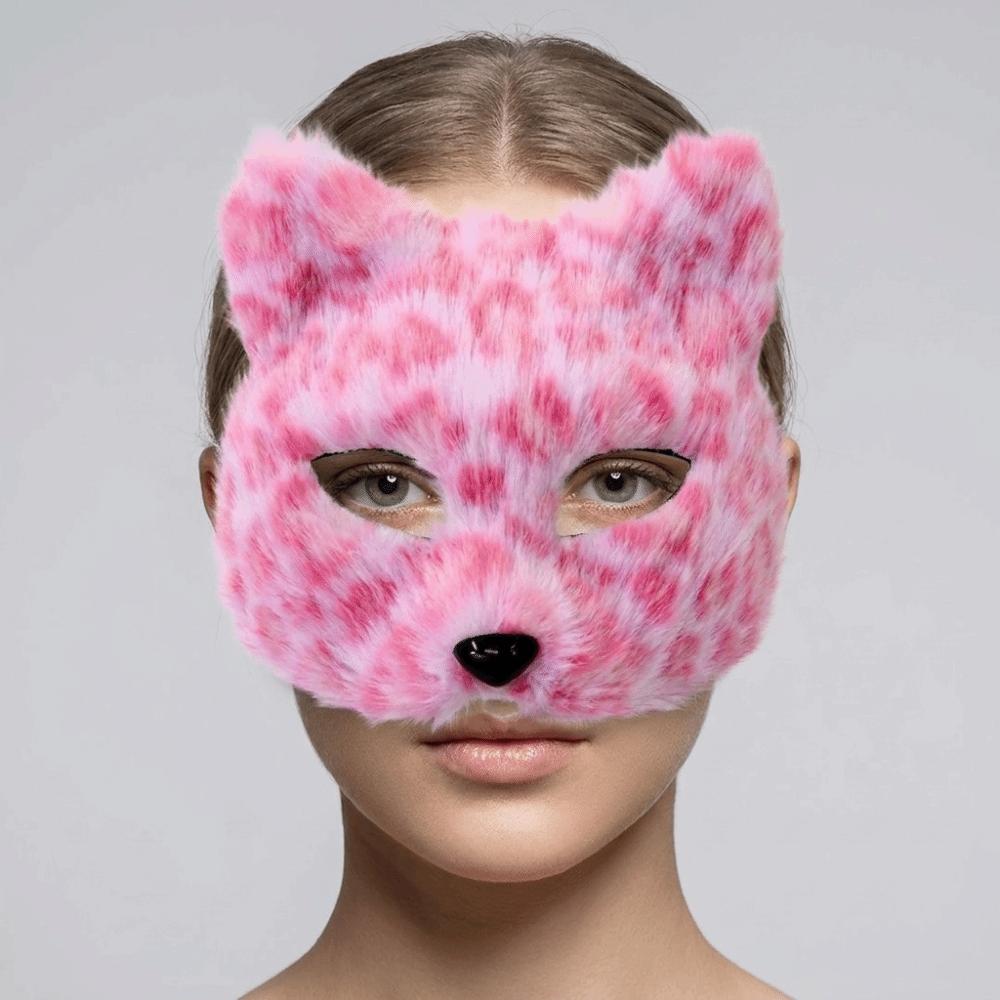 Cartoon Cat Plush Mask Leopard Print Masquerade Mask Simple Halloween Plush Mask Male