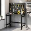 Workbench with Pegboard, Foldable Mobile Workbench with Casters, Thick Work Surface, Steel Frame, Hooks, Black