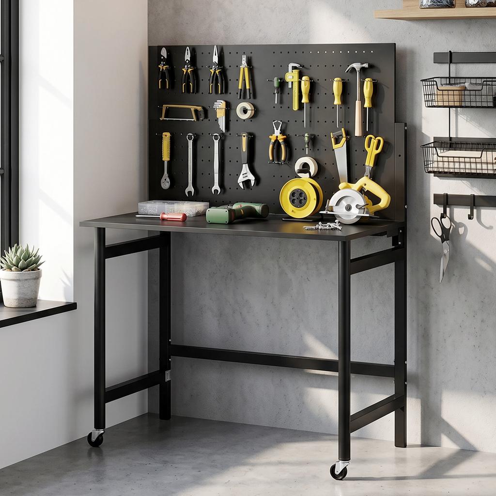 Workbench with Pegboard, Foldable Mobile Workbench with Casters, Thick Work Surface, Steel Frame, Hooks, Black