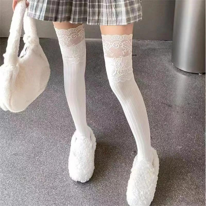 Socks Women Autumn/Winter Thigh High Lace Cute Lolita Warm Stockings Black White Long Leg Socks for Girl Boot Accessories