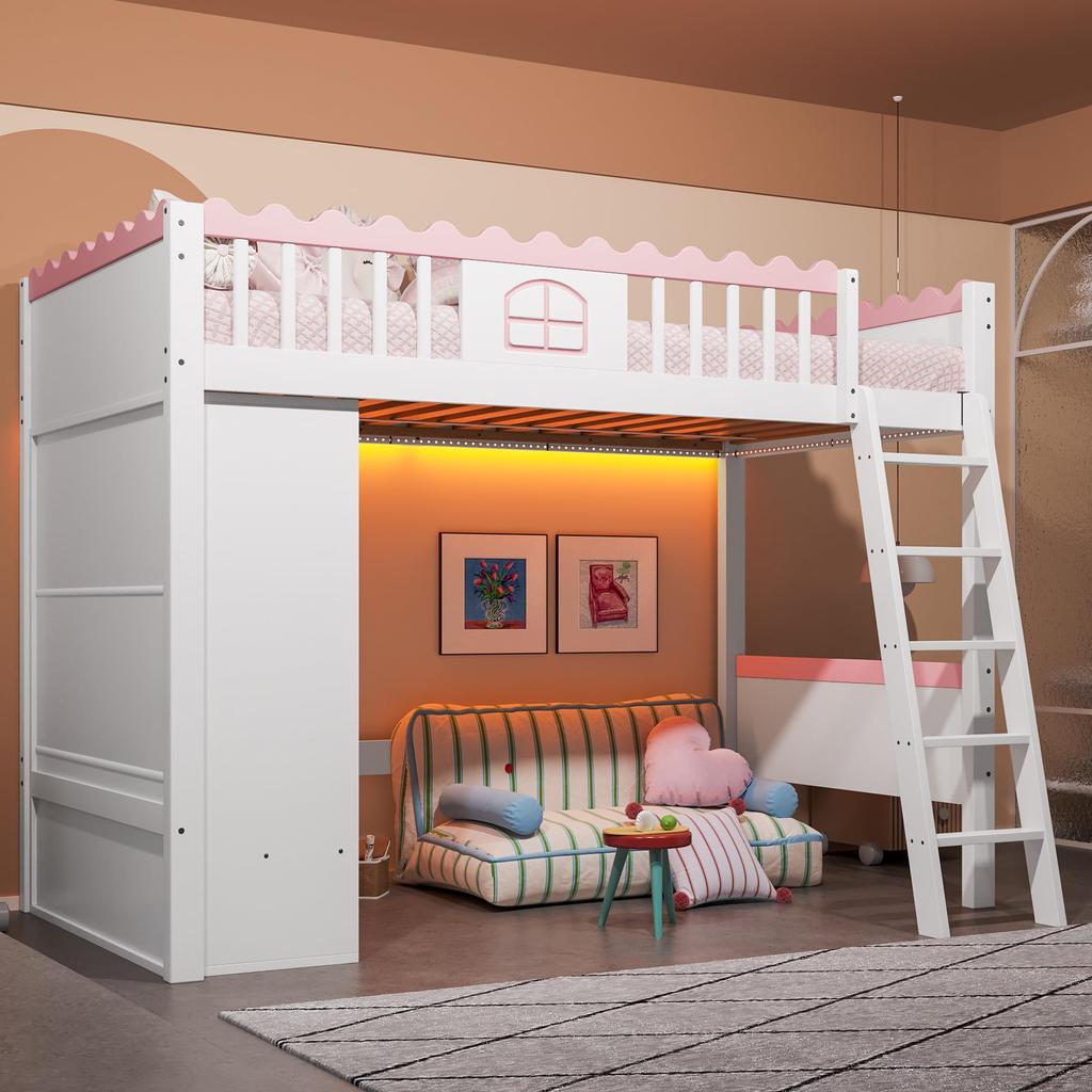 Loft Bed 90x200 Children's Bed Girl Youth Bed Wardrobe Drawers LED Bed Frame Slatted Frame Pine Wood EN747 Certified White