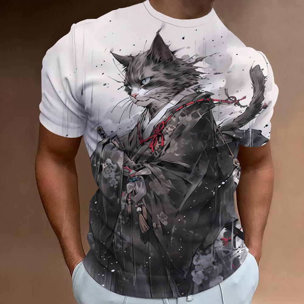 Новая мужская футболка в стиле ретро с 3d принтом самурая и кота, футболка с короткими рукавами для мужчин, модная мужская одежда больших размеров, быстросохнущие футболки, топы 2024