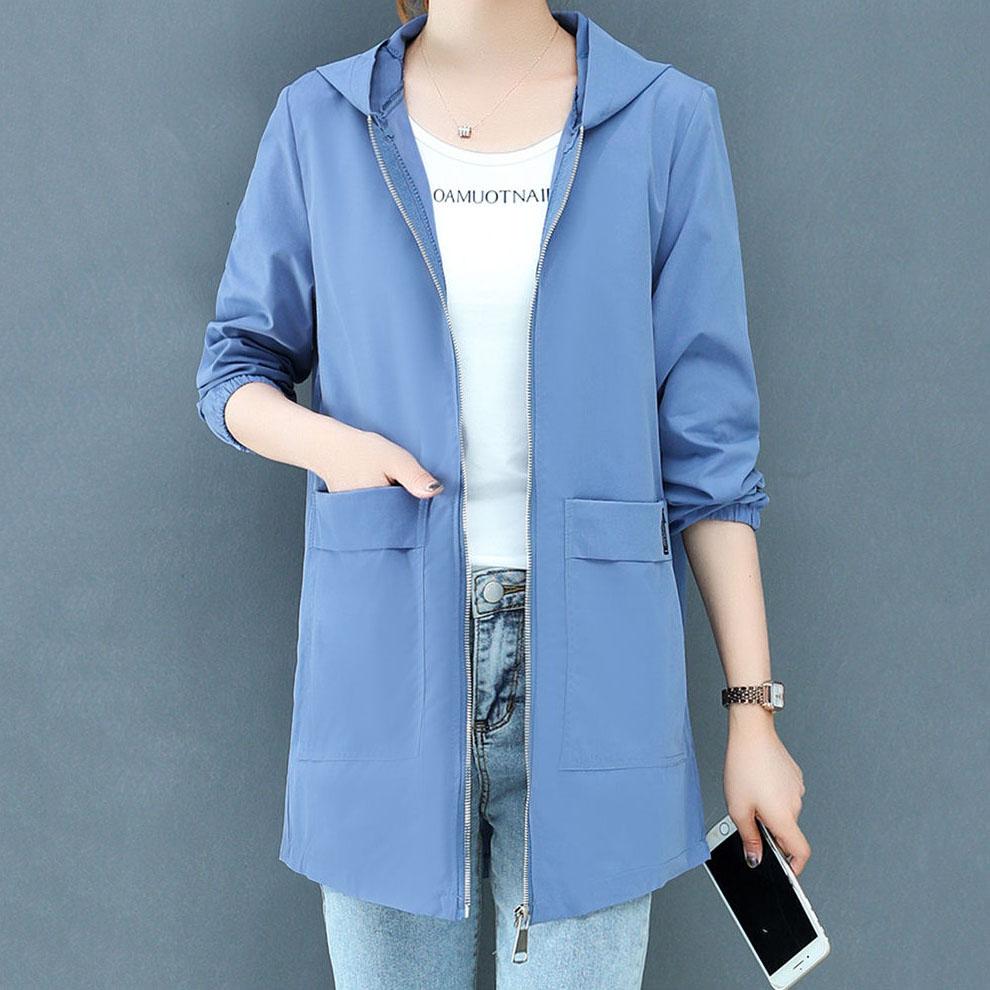 Женская осенняя повседневная ветровка средней длины большого размера, женская весенняя однотонная свободная куртка с длинными рукавами и капюшоном