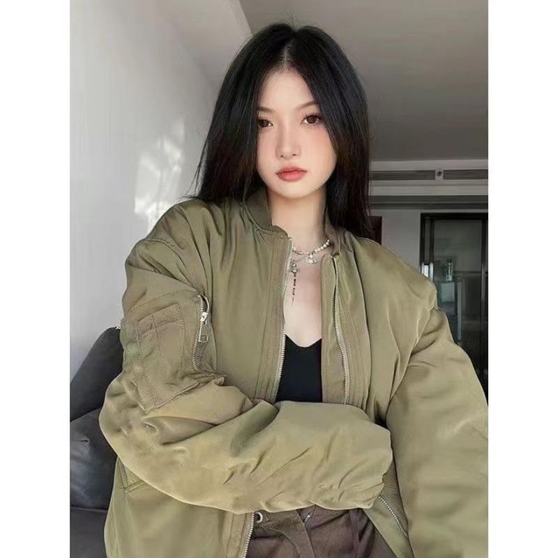 Женская куртка-бомбер в стиле Харадзюку Y2k, винтажная куртка-авиатор на молнии, японская мода, уличная одежда, бейсбольный топ