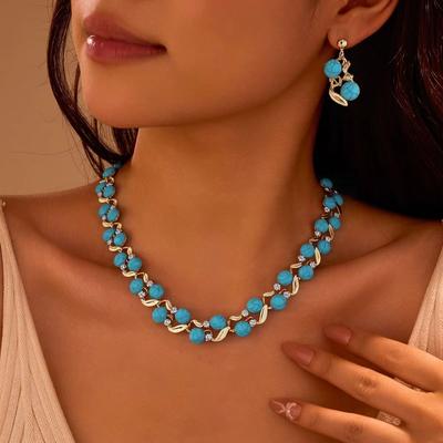 Винтажный бирюзовый инкрустация искусственным цирконом набор циркониевых украшений ожерелье серьги элегантные эффектные аксессуары для женщин