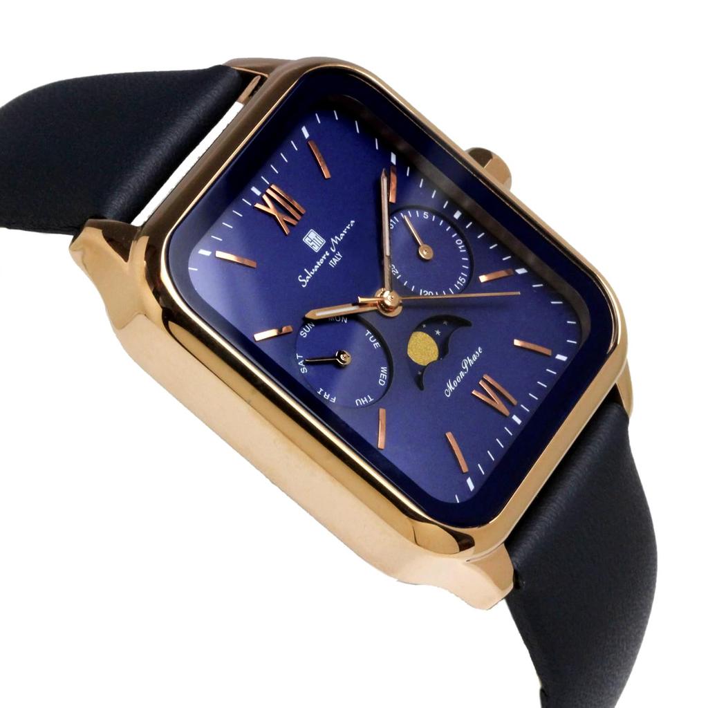 Фазы Луны Квадратные Квадратные Мульти Календарь Ежедневные Водонепроницаемые Деловые Формальные Кожаный Ремешок Ограниченная Модель Розовое Золото Синий [Salvatore Mara] Мужские