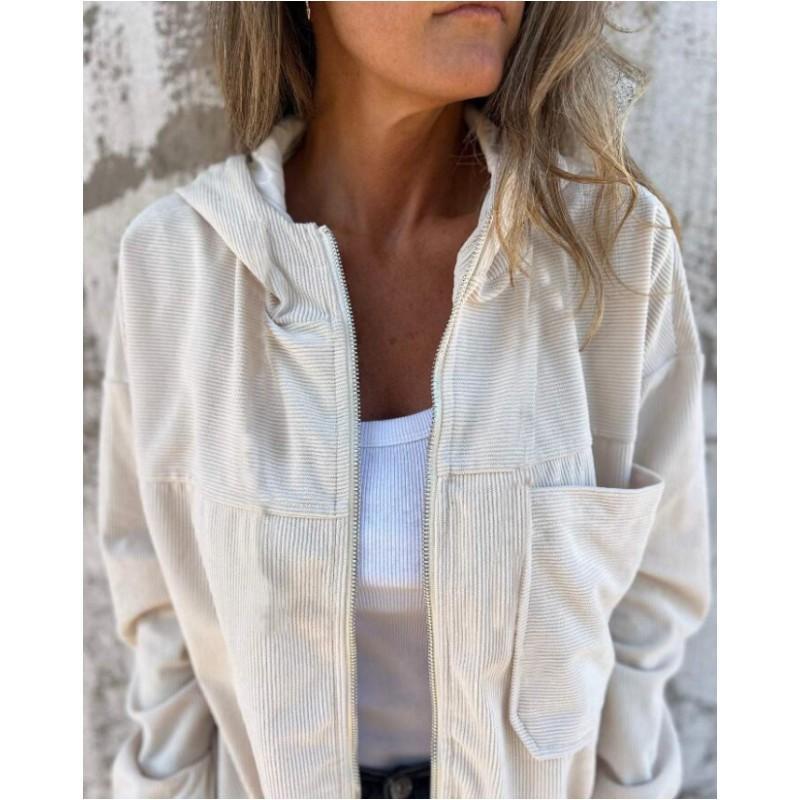 Women's Spring and Autumn Solid Color Simple Corduroy Jacket Ladies Long Sleeve Hooded Plus Size Tops