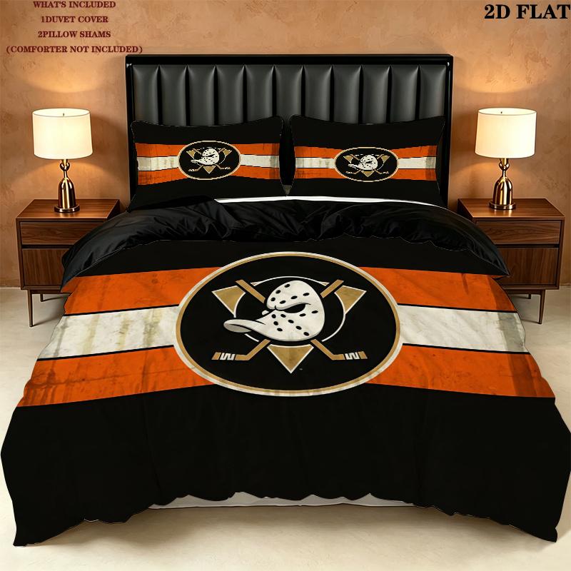 Anaheim Ducks Pattern Bedding Quilt Set Home Decoration Gift (1 * duvet cover + 2 * pillowcase without core)