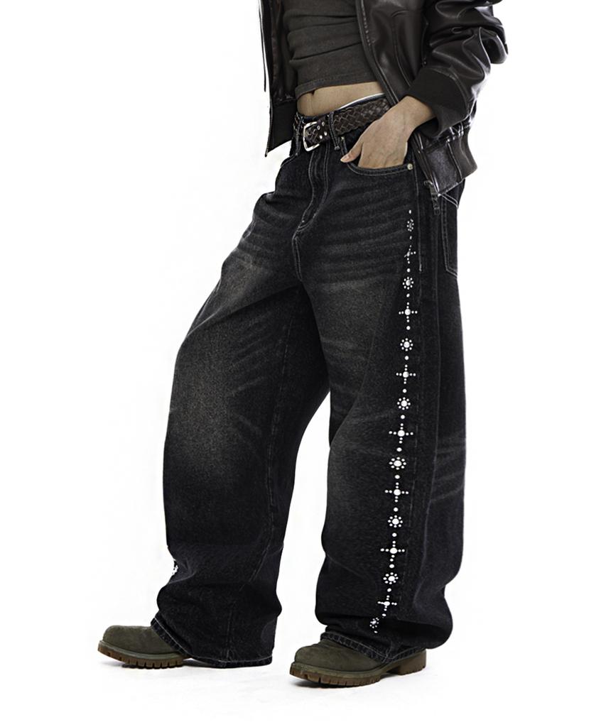 AAKAM Side Rhinestone Denim Pants (Black)