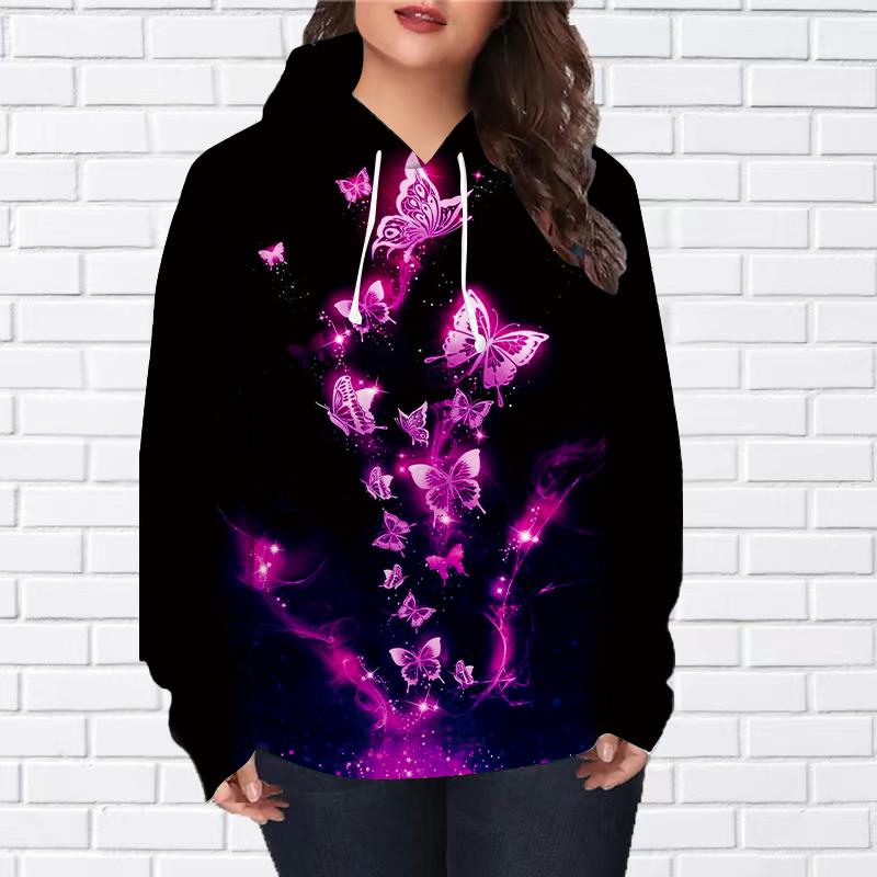 Женская мода Фиолетовый Бабочка Принт Свободные Толстовки Топы Блузка Свитшот Повседневный Длинный Рукав Пуловер Топы