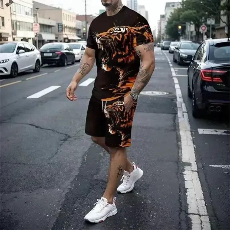 New Light Luxury Men's T-shirt Shorts Set Personalized Lion Tiger Pattern Colorful Mushroom Pattern Fashion Custom Men's Leisure