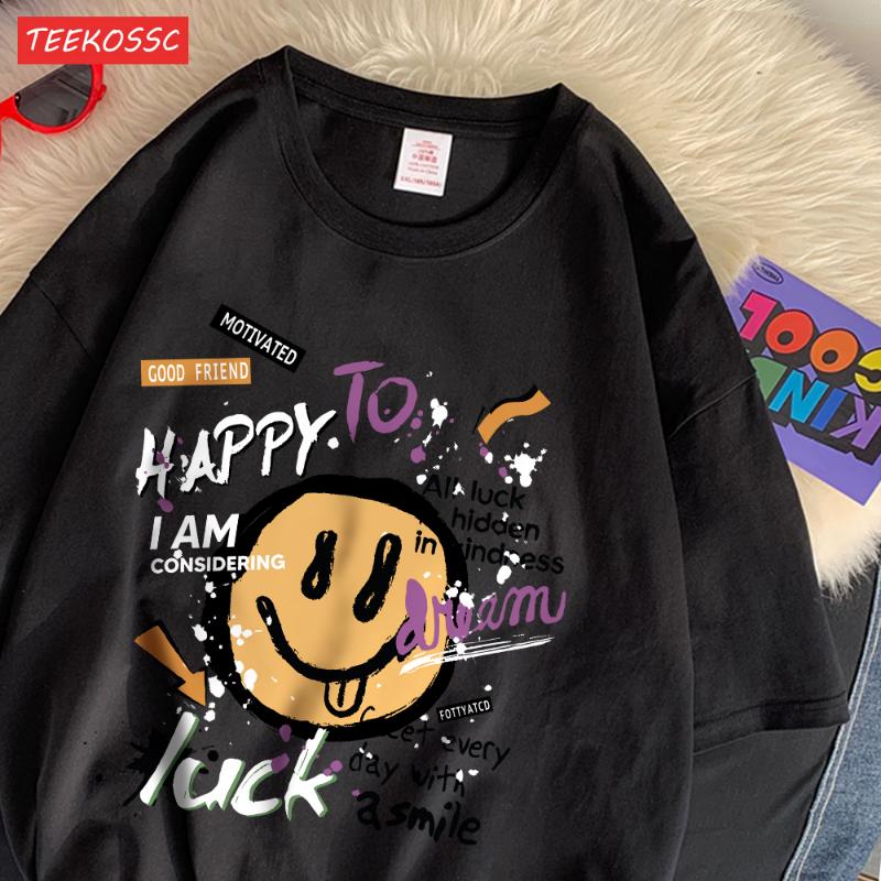 Летние хлопковые женские футболки Веселые граффити Милые принты с улыбающимся лицом Дышащие Свободные Футболки с круглым вырезом Повседневная уличная женская одежда