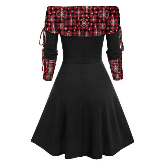Женское осенне-зимнее платье-миди трапециевидной формы с открытыми плечами и длинными рукавами, клетчатое платье с принтом и пуговицами, декор для рождественской вечеринки