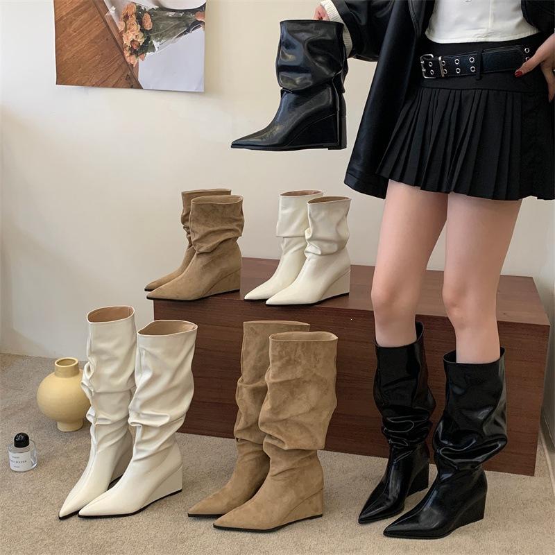 Wedge heel boots autumn and winter new pointed high heel wrinkled pile boots wide knight boots