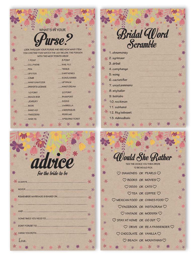 Inkdotpot Bridal Shower Games Set Of 4(50 Sheets Each) W   Miss To Mrs Gold Banner Rustic Kraft Floral Fun Bachelorette Party Games Set