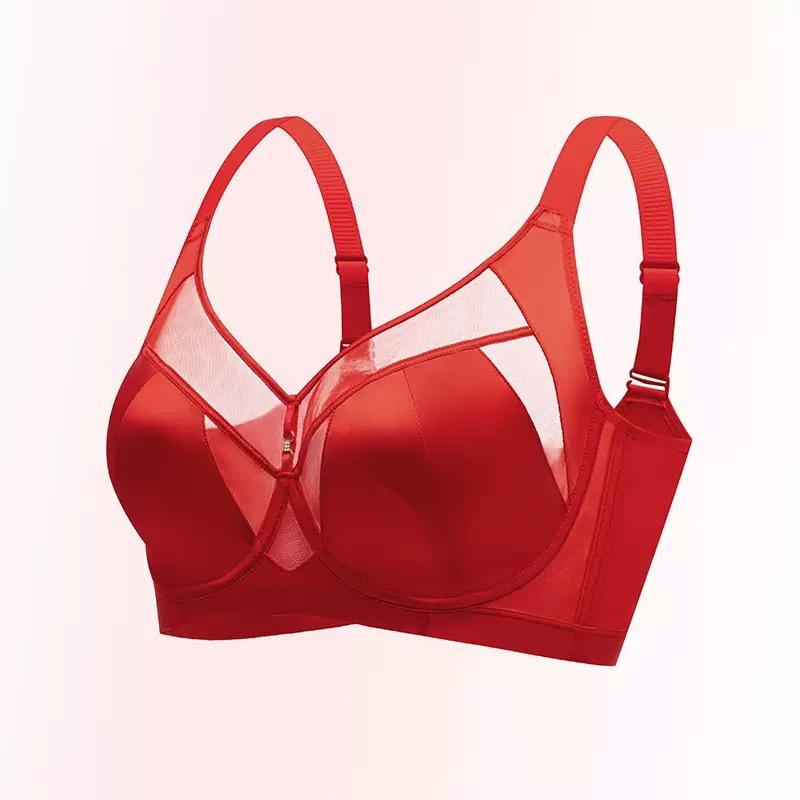 Core oxygen natal year red underwear women's wedding high-end light luxury satin big breasts show small gathering adjustment bra women