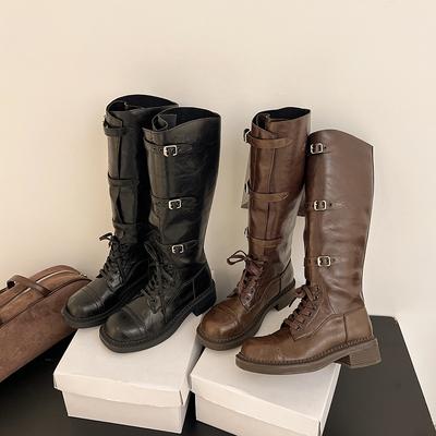Новый стиль женские осенние ботинки на платформе со шнуровкой, ботинки рыцаря с круглым носком, пуллоны, на массивном каблуке, с ремешком и пряжкой, ботфорты до колена, мотоциклетные ботинки