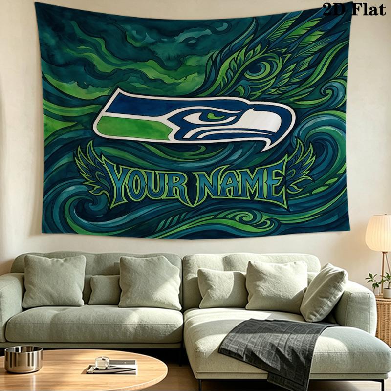 Custom Name Seattle Seahawks Printed Tapestry – Wall Hanging for Bedrooms, Dorms, and Home Decor