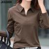 Женская мода, повседневные весенне-осенние однотонные рубашки-поло с длинным рукавом и принтом, блузки и рубашки