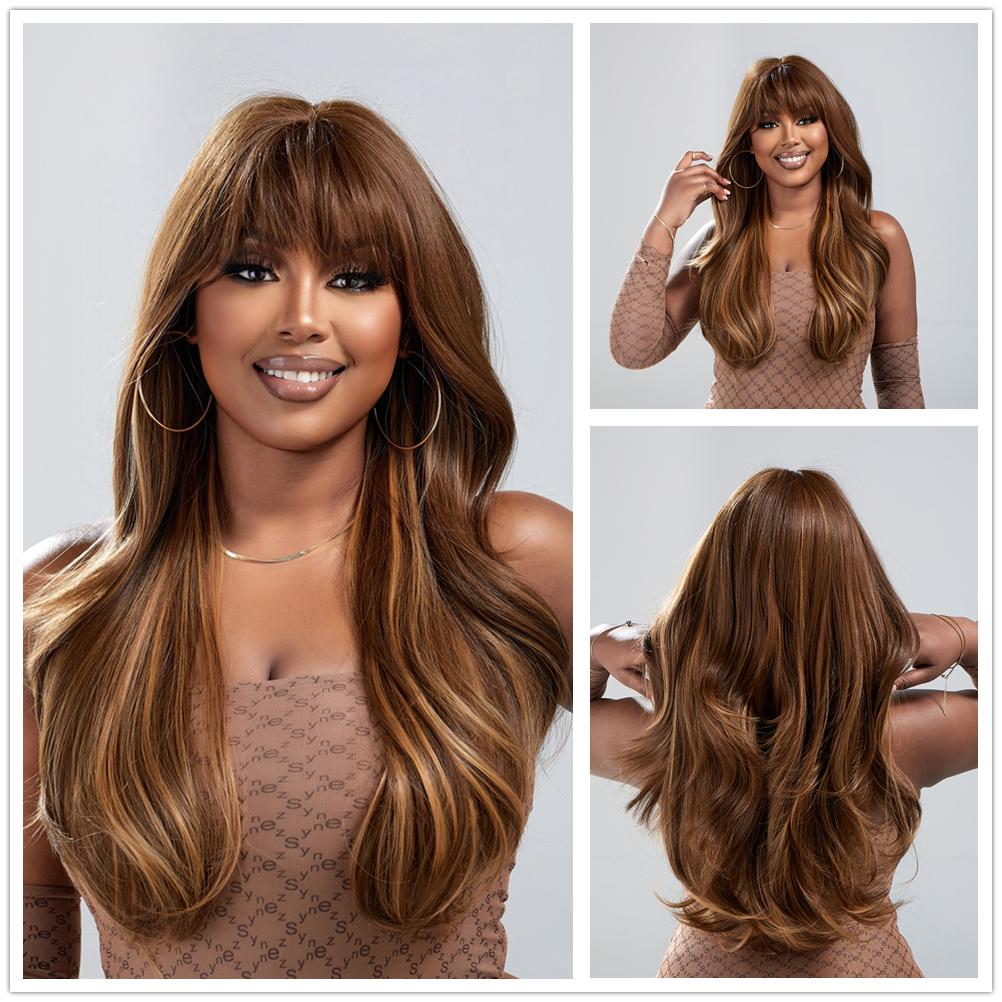 ALAN EATON Long Straight Ombre Black Red Brown Synthetic Wigs for Women Heat Resistant Fiber Natural Looking Wig with Bangs
