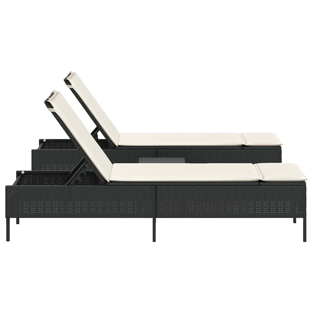 3 Piece Sun Lounger Set with Cushions Black Poly Rattan
