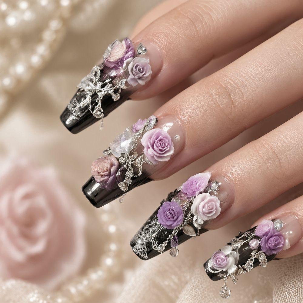24Pcs Y2K Wearable Nails Black Gradient Foil 3D Purple Rose Glue On Long Stiletto Club Party With Jelly Glue Nail Tips