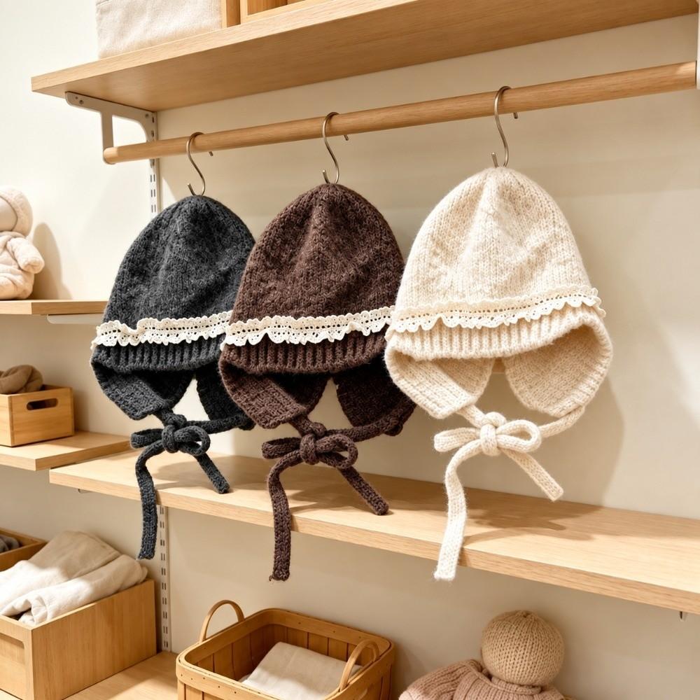 Lace Trim Earflap Bonnet Tie Closure Lace Trim Hat Durable Kids Knit Hat Girls