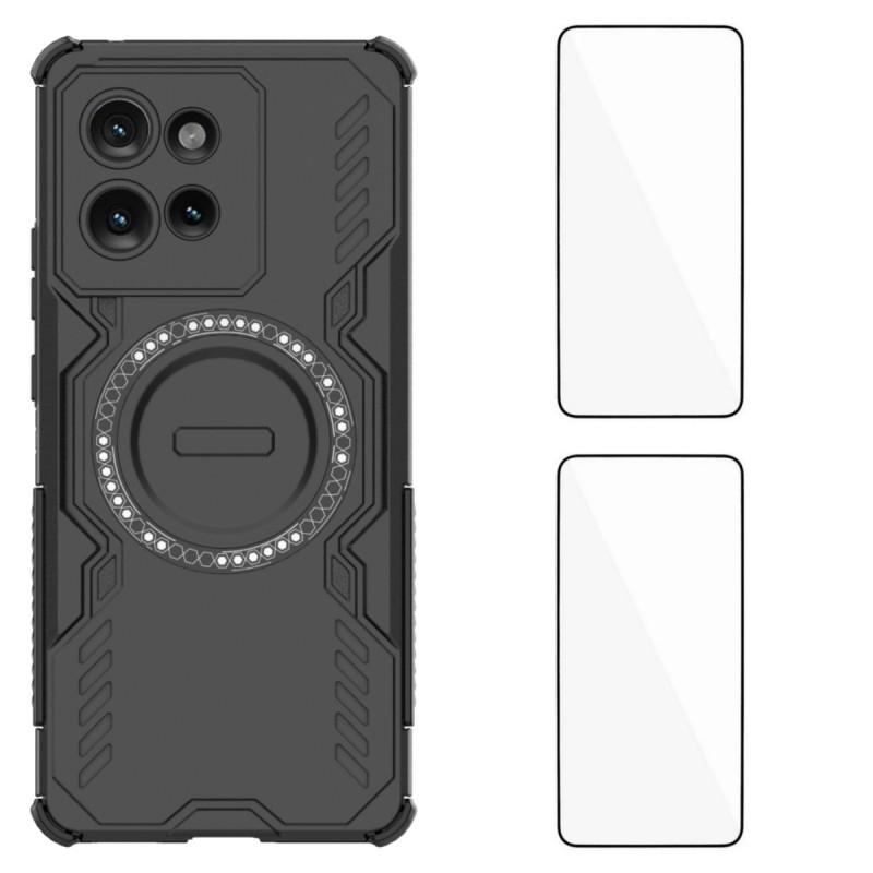 For Motorola Edge 50 5G Magnetic Case WANLONFENG DJ Series PC TPU Phone Cover with 2Pcs Tempered Glass Film