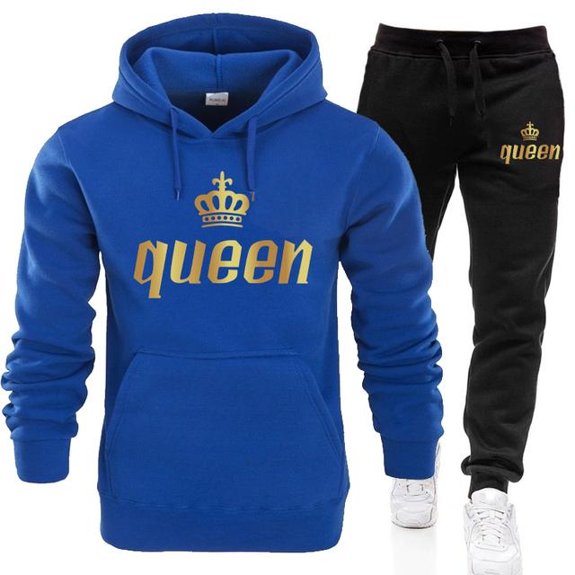 Женский и мужской костюм с капюшоном с принтом короля и королевы, осенне-зимняя толстовка с капюшоном + брюки, комплекты из 2 предметов, спортивная одежда, повседневные костюмы