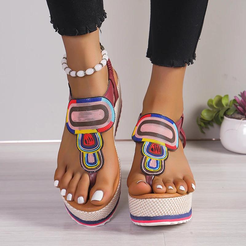 Fashion 2024 Women's Shoes Flip Flops Women's Sandals Outdoor Casual Sandals Women Mixed Colors Elastic Band Platform Wedges Shoes Women