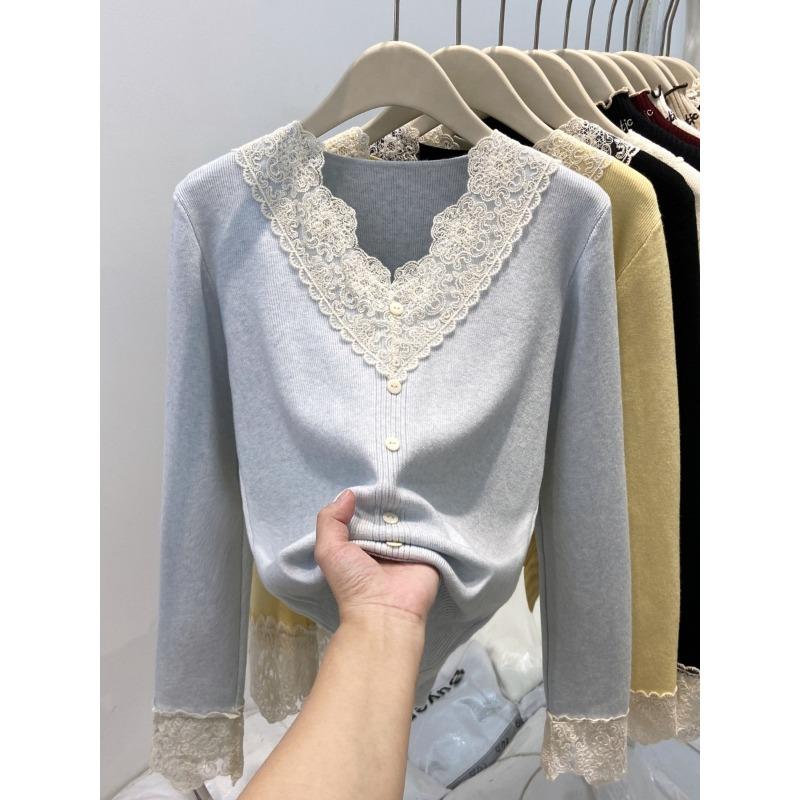 Дизайн кружевной воротник вязаная базовая рубашка женский весенний топ на пуговицах мягкий восковой свитер
